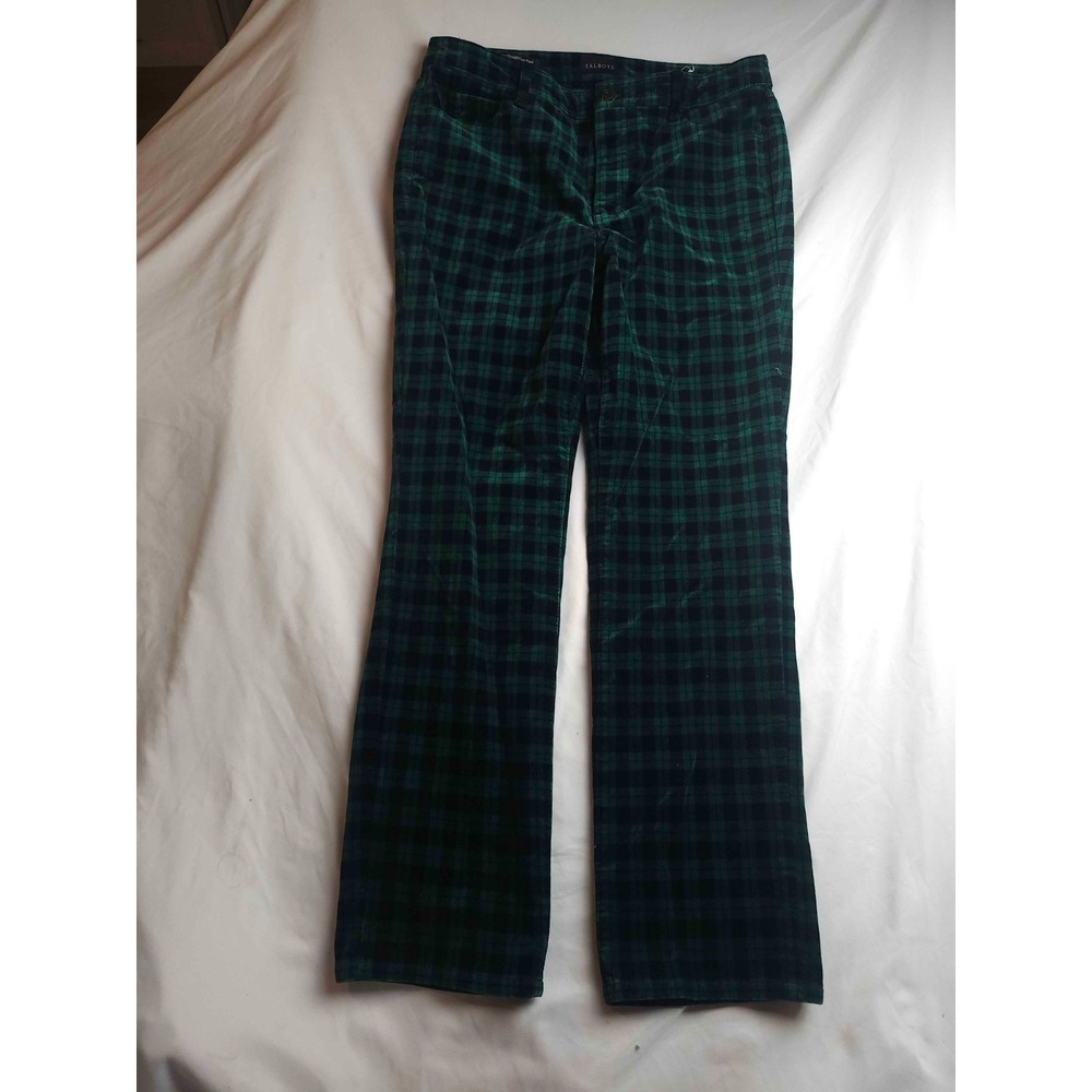 Talbots Velveteen Straight Leg Pants Womens 10P Green Plaid Classic Minimalist